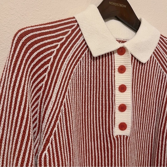 Vince Camuto contrasting ribbed knit henley pullover sweater, red and cream,sz M - Picture 8 of 13